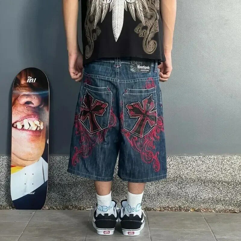 Harajuku Geometric cross pattern embroidered oversized denim shorts for men 2000s new popular hip hop high waist pants y2k baggy