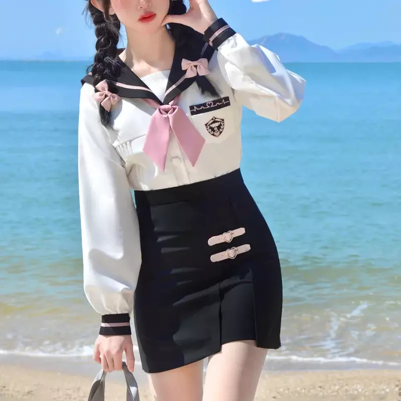 Корейский сексуальный женский матросский костюм, розовый галстук, Белый Топ, облегающая юбка, комплекты, японская школьная форма для девочек, костюм JK, женский