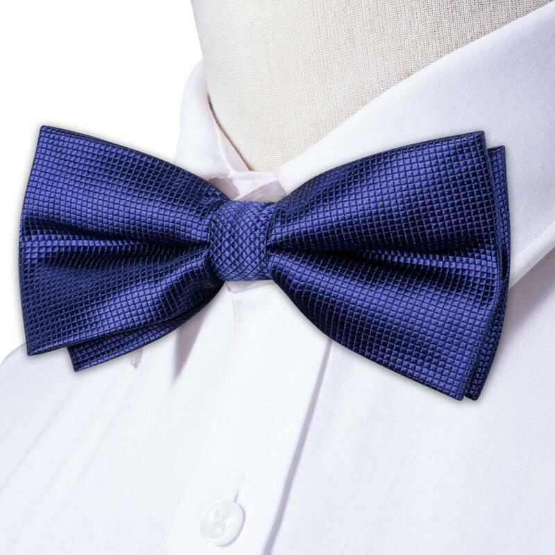 Hi-Tie Navy Royal Sky Blue Silk Mens Bow Tie Hankerchief Cufflinks Set Pre-tied Butterfly Knot Bowtie for Male Wedding Business