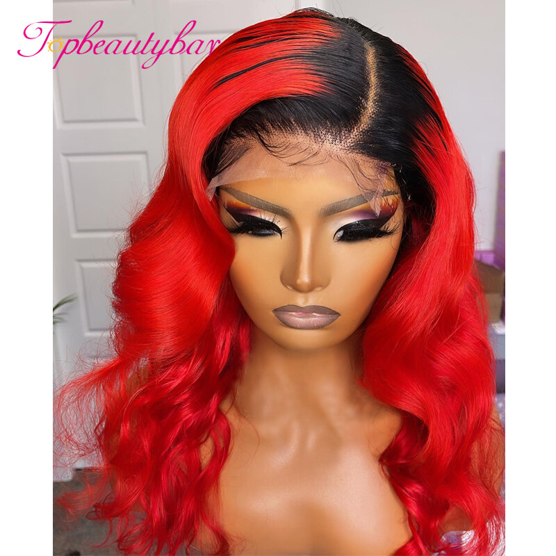 Wig Rambut Manusia Merah Ombre Berombak Wig Rambut Manusia Depan Berenda 13X4 untuk Wanita 180% Wig Penutupan Lace Remy Brasil 4X4
