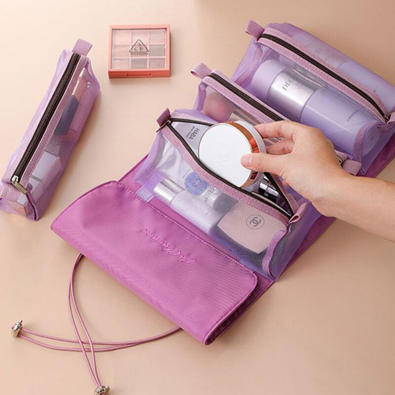 Tas penyimpanan kosmetik untuk wanita, tas kosmetik bepergian ritsleting jala terpisah 4 dalam 1, tas penyimpanan perjalanan lipat portabel