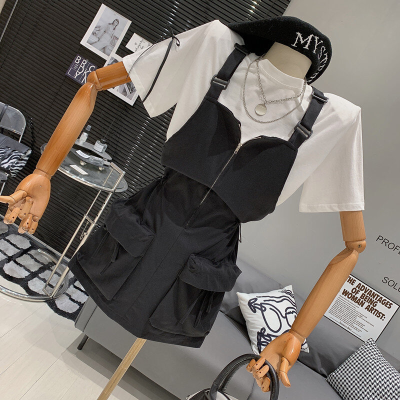 Temperament bow versatile short sleeved T-shirt+fashionable zipper strap dress two-piece set  conjuntos para vestir