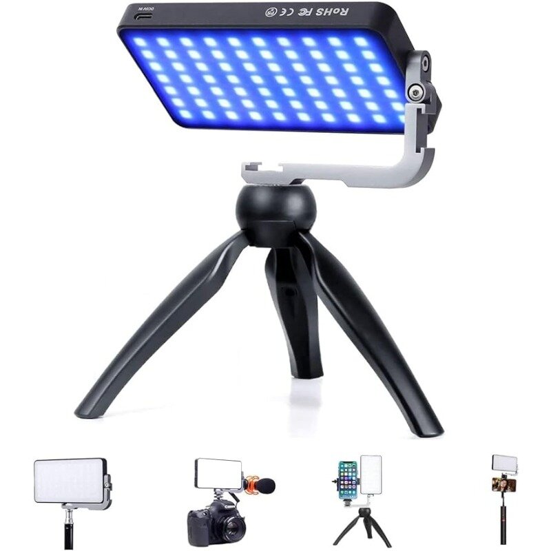 Camera Light, Rechargeable Battery 360°Full Color Gamut 9LED Video Light Panel with Aluminum Alloy Body, Adjustable Tripod Stand