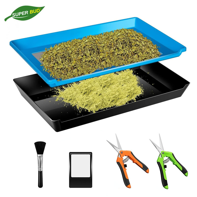 2-in-1 Trimming Tray Harvest Trim Bin Set for Buds Herb Flower Trimming Scissors 150 Micron Fine Mesh Dry Sift Pollen Screen
