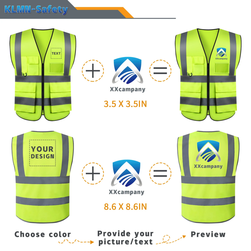 Chaleco reflectante de seguridad con logotipo personalizado, ropa de trabajo de alta visibilidad con bolsillos y cremallera, para construcción, S-5XL
