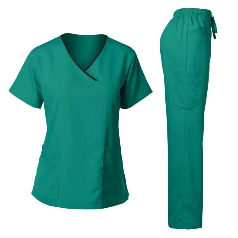 Contrast Kleur Medisch Uniform Trendy Womens Scrub Set Stretch Zachte Y-Hals Top Broek Ziekenhuis Pet Clinic Arts Kostuum Werkkleding