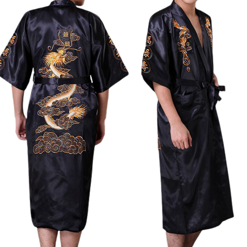 Men's Chinese Dragon Satin Bath Robe, Sleek Kimono Style, Sleepwear Gown, M 2XL, Navy Blue/Red/White/Black/Blue