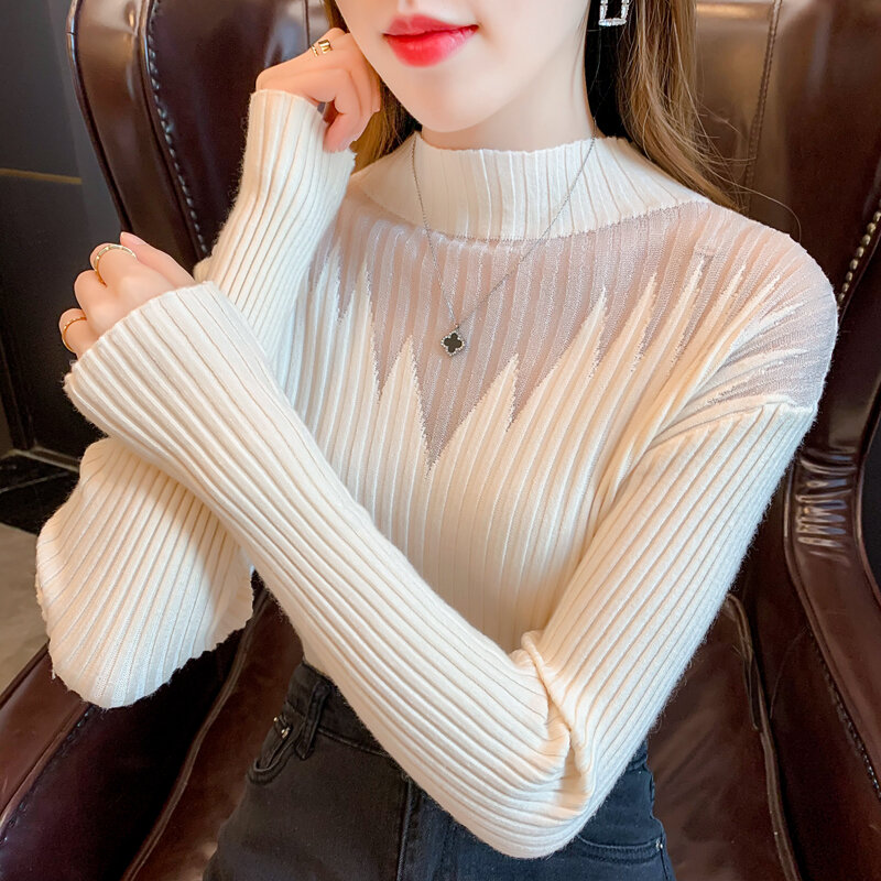 Fashion Pullover Women Sweaters Mesh Stitching Hollow Out Long Sleeve Autumn 2022 Half High Collar Bottoming Knitted Tops 23071