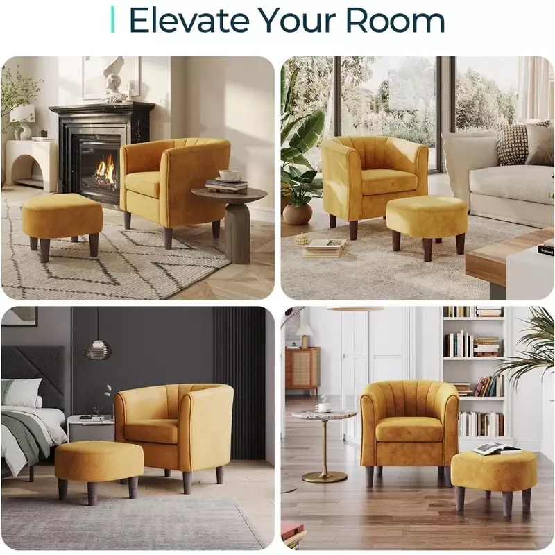 Velvet Accent Living Room Chair, Comfortable Armchair,Reading Chair with Ottoman, Living Room Round Armchair, Bedroom, Yellow