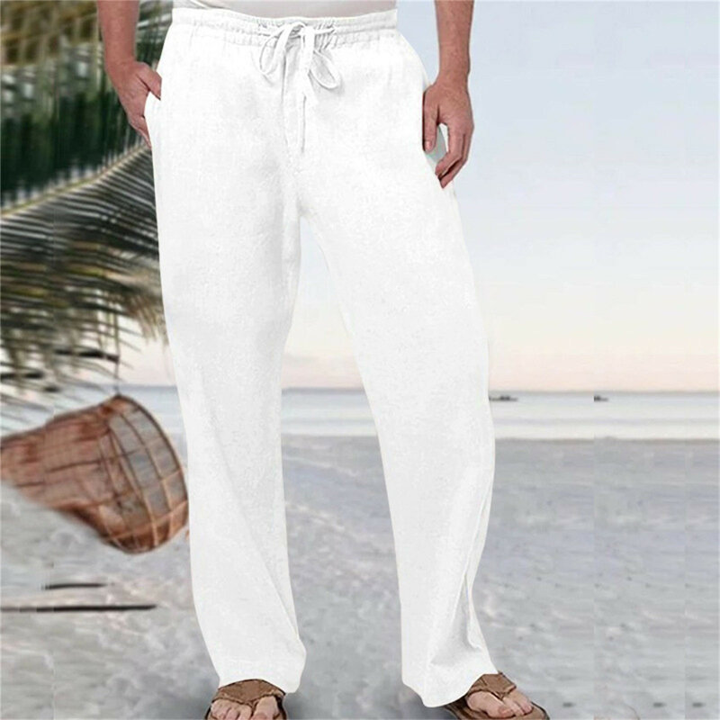Men's Cotton Linen Long Pants Summer Solid Color Breathable Linen Trousers Male Casual Elastic Waist Casual Pants Harajuku Trous