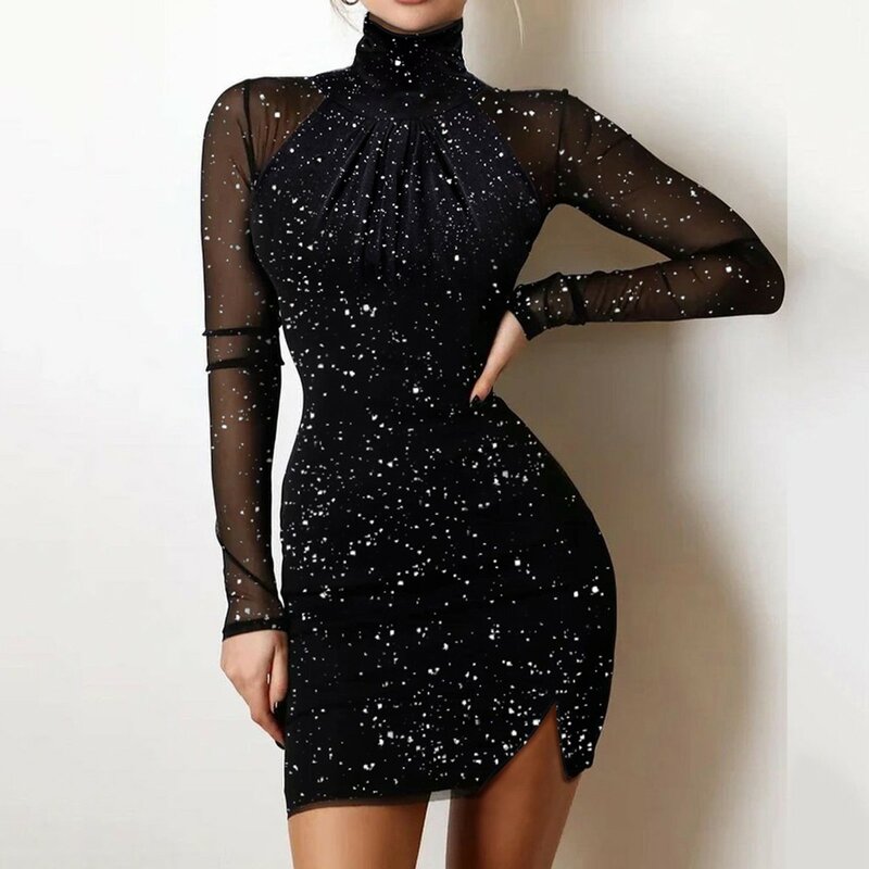 Abiti da donna elegante Patchwork in rete maniche lunghe Glitter brillante Mini prendisole Sexy aderente nero abiti da festa Vestidos