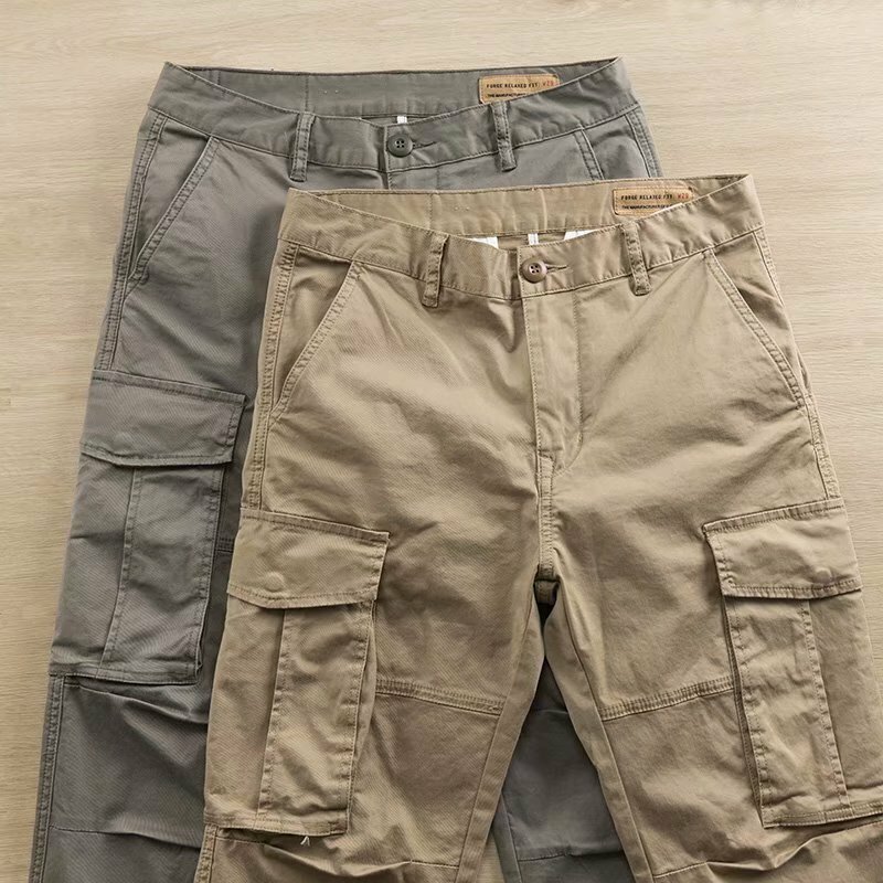 Calça casual de perna reta masculina, calça de trabalho solta, simples com bolsos múltiplos para proteção trabalhista, roupa de verão