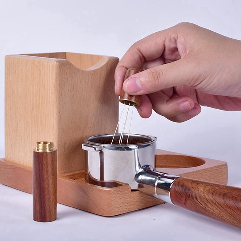 2X ubijak do kawy igły ze stali nierdzewnej drewniany uchwyt narzędzia do mieszania mieszadełka z proszkiem Espresso