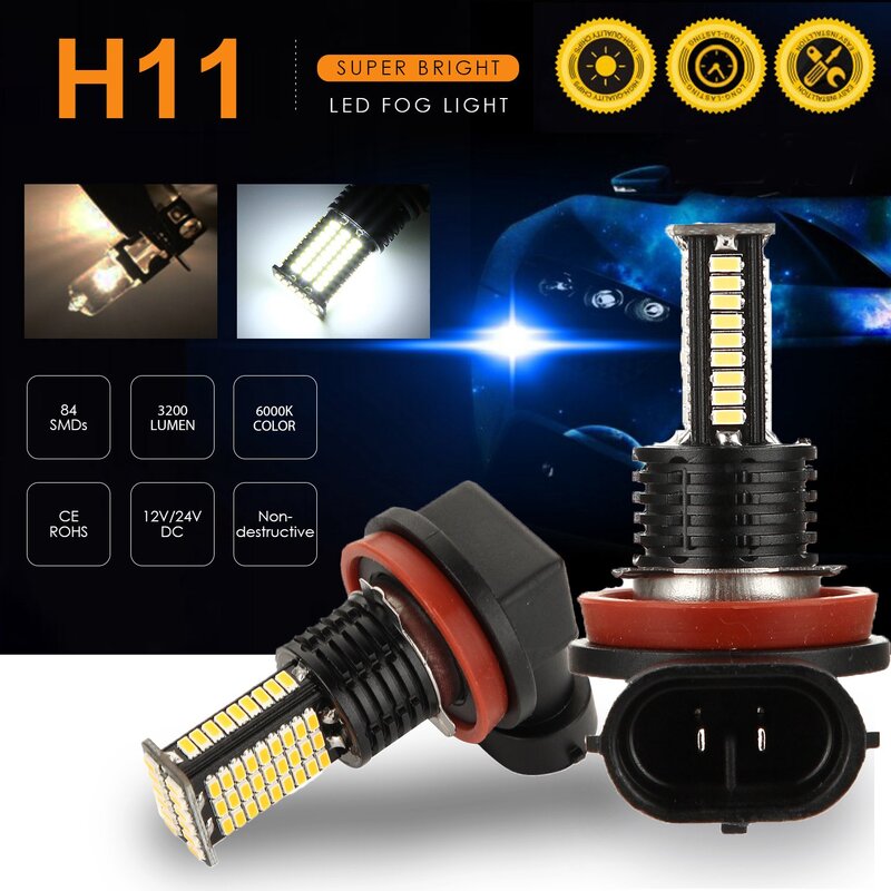 超高輝度LEDフォグライト電球,h11,drl,3200ルーメン,84-smd,12v,24v,h8,h9,h11,車,トラック,6000k,2個の交換
