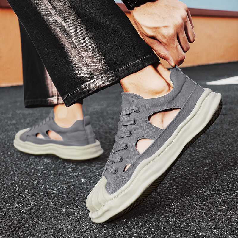 Zapatillas de lona para hombre, zapatos informales transpirables con huecos, con cordones y plataforma de diseñador, a la moda, para verano