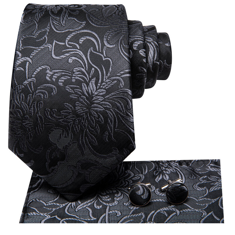 Hi-Tie Business Black Floral Men Tie 8.5cm Jacquard Necktie Accessorie Daily Wear Cravat Wedding Party Hanky Cufflink Wholesale