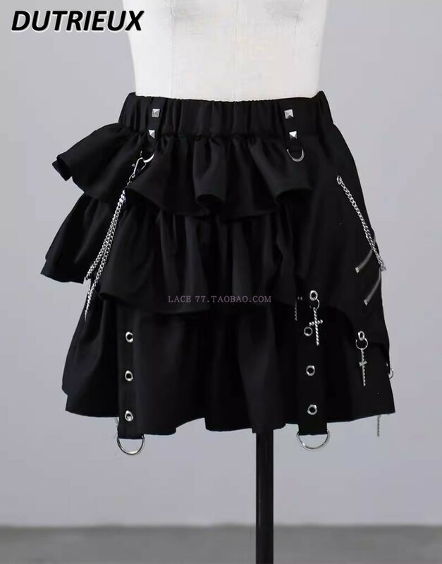 Japanese Style Mine Lolita Sweet Girl Short Skirt Cross Pendant Chain Laminated Lace Elastic Waist A-line Skirts for Women