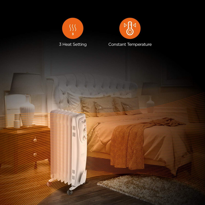 PHO15A2AGW 기본 전기 오일 충전 라디에이터, 휴대용 풀 룸 복사 공간 히터, 온도조절기 조절 가능, 1500W