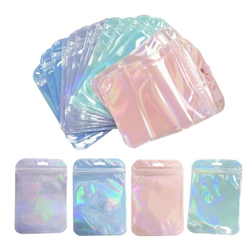 Sacchetto di gioielli con cerniera in plastica trasparente Laser olografico da 50 pezzi per forniture di imballaggio per piccole imprese di stoccaggio regalo di perline