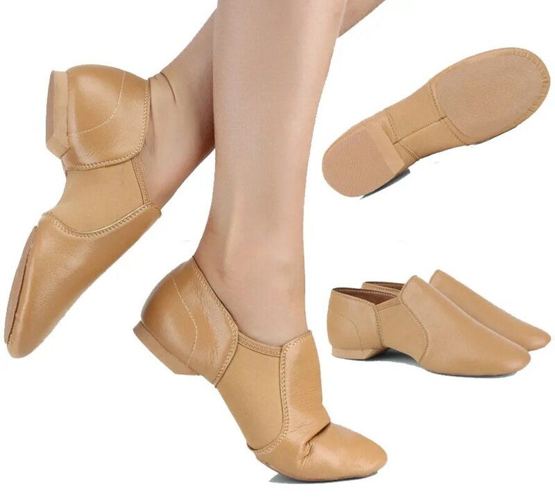 Zapatos de baile de Jazz de cuero genuino/lona para niñas y mujeres, zapatillas de baile de gran tamaño, color negro bronceado, Twin Gore, sin cordones