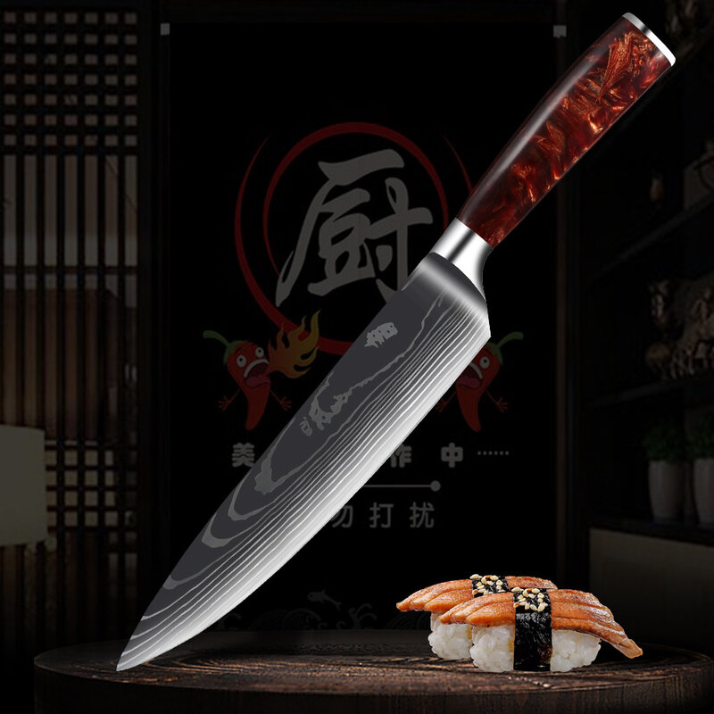 7 cr17mov coltello Santoku giapponese coltello da cuoco damasco modello Laser coltelli da cucina Set coltello per disossare mannaia per carne manico in resina rossa