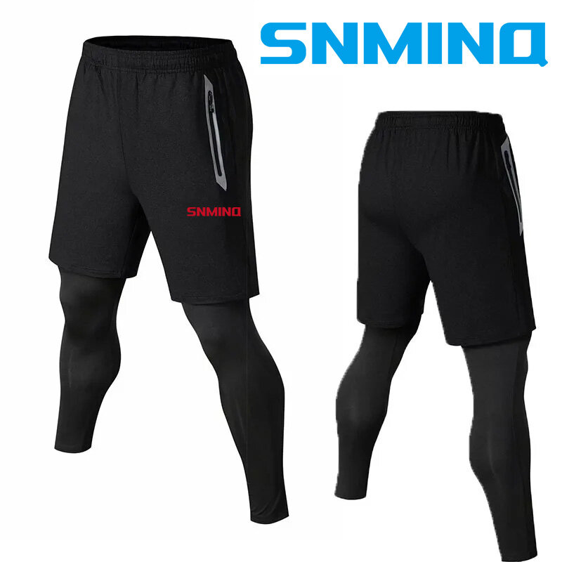 2024 Men's Sports 2-in-1 Fishing Pants Tight Running Pants Zipper Pocket Training Fake Two Piece Set Tight Underpants