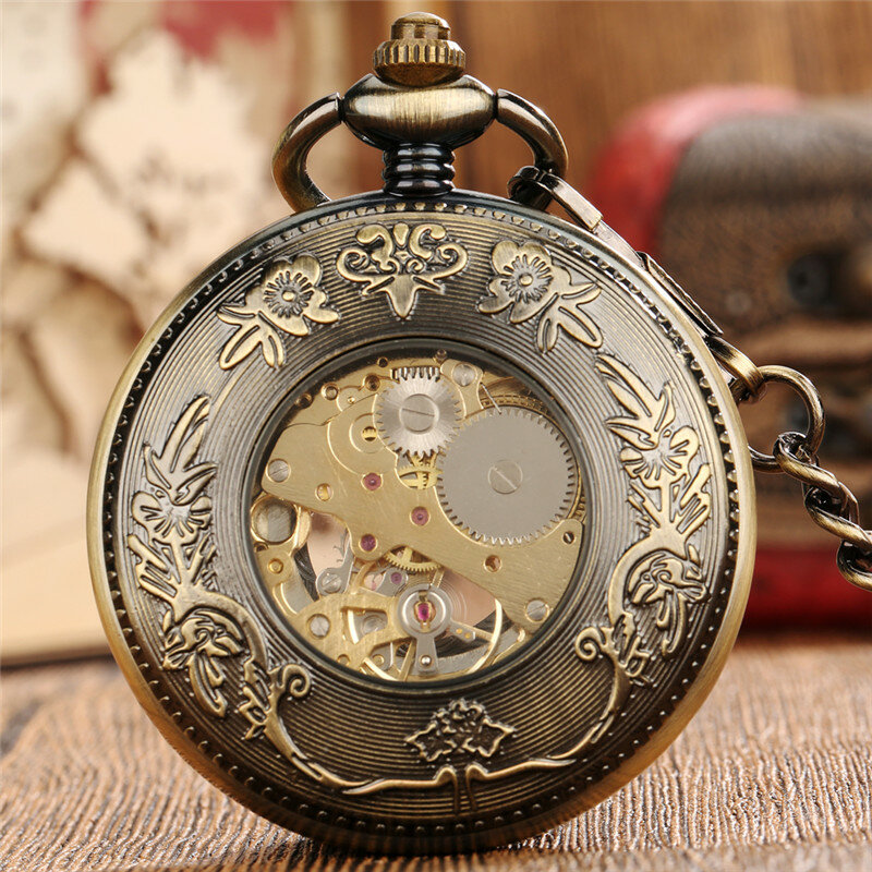 Retro Hollow Out Case ciondolo Handwind orologio da tasca meccanico per uomo donna numeri romani quadrante FOB catena orologio orologio regalo