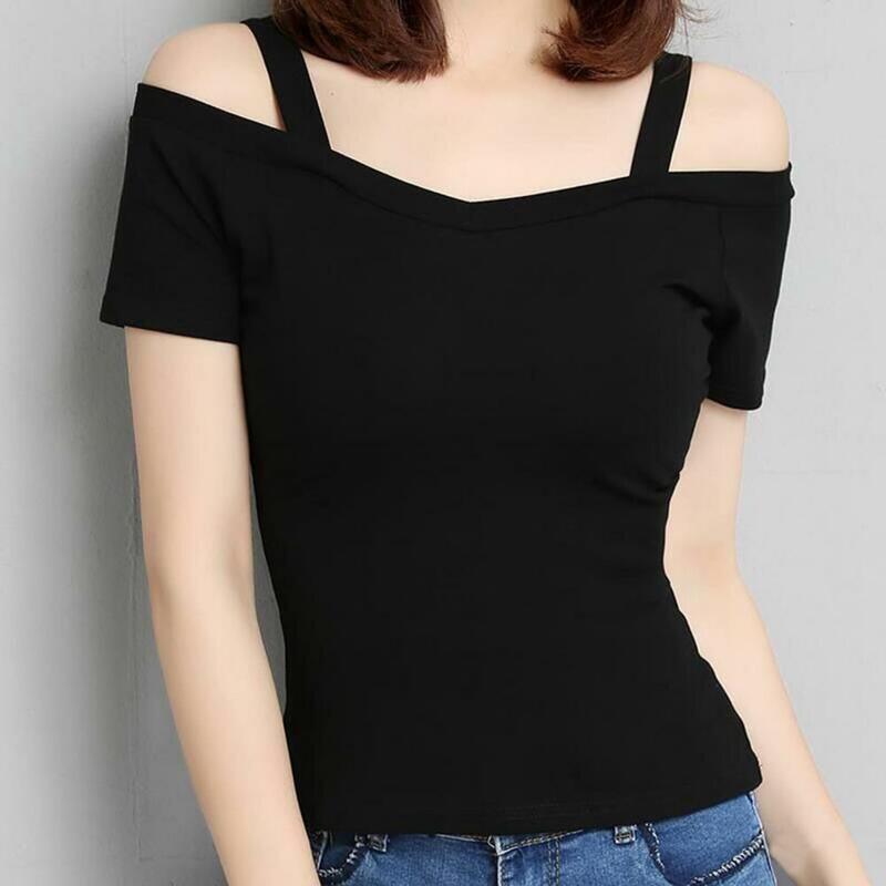 T-shirt de manga curta para mulheres, top sem ombro a ombro, esbelta, estilo coreano, com gola, roupas de verão