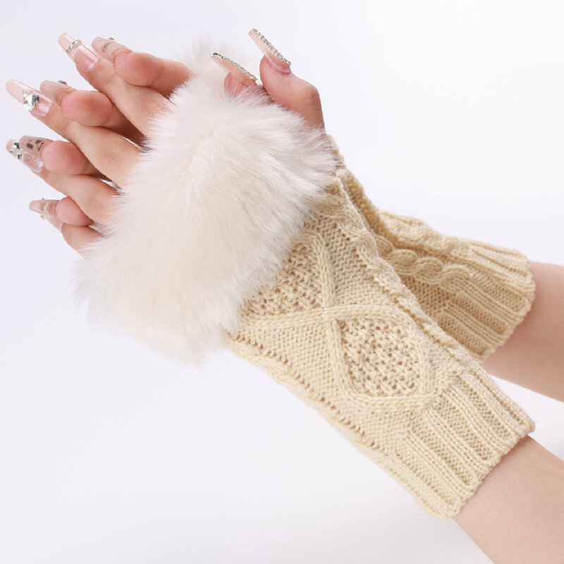 Gants courts en laine pour femmes, manches en fourrure artilfcale, couvre-bras, doigt ouvert, chaud, automne, hiver, HT120, nouveau