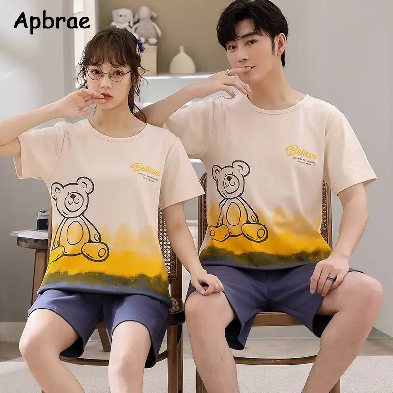 New Summer Fashion Couple Round Collar Pajamas Set Kawaii Duck Printing Sleepwear for Young Lovers Homesuit Couple's Loungewear
