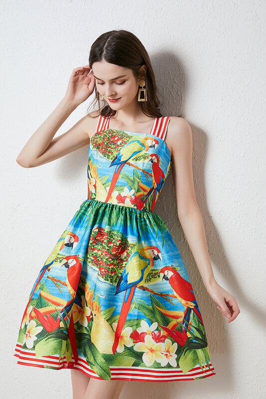 Sweet Girls-vestido de verano con estampado Floral para mujer, ropa sin mangas con cuello oblicuo, Chaleco corto de cintura alta para vacaciones, 2023