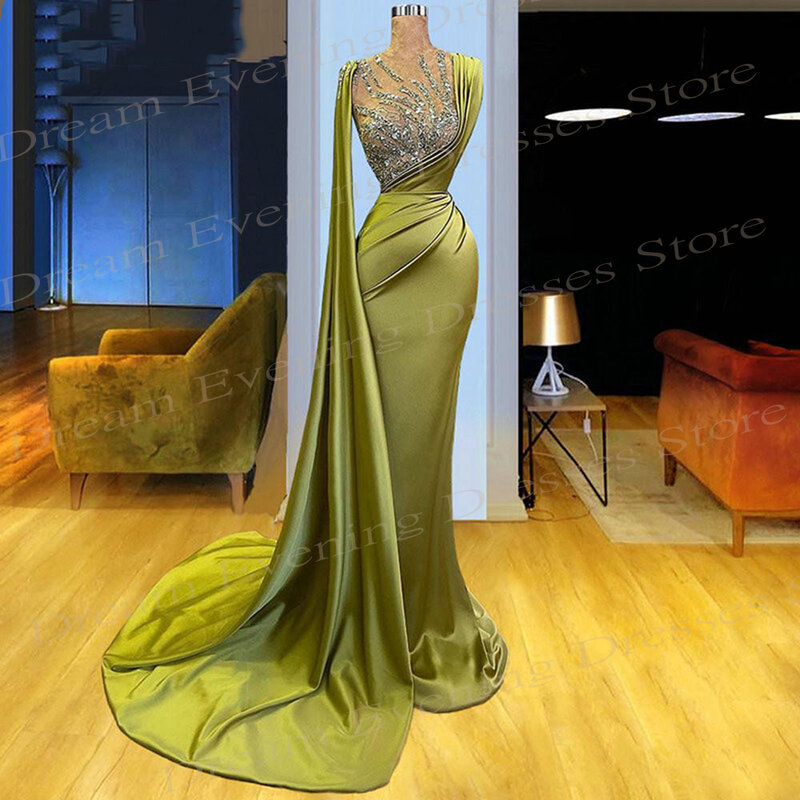 Graceful Charming Green Women's Mermaid Classic Evening Dresses Crystal Beaded Prom Gowns Formal Party Pleated Vestido De Noche