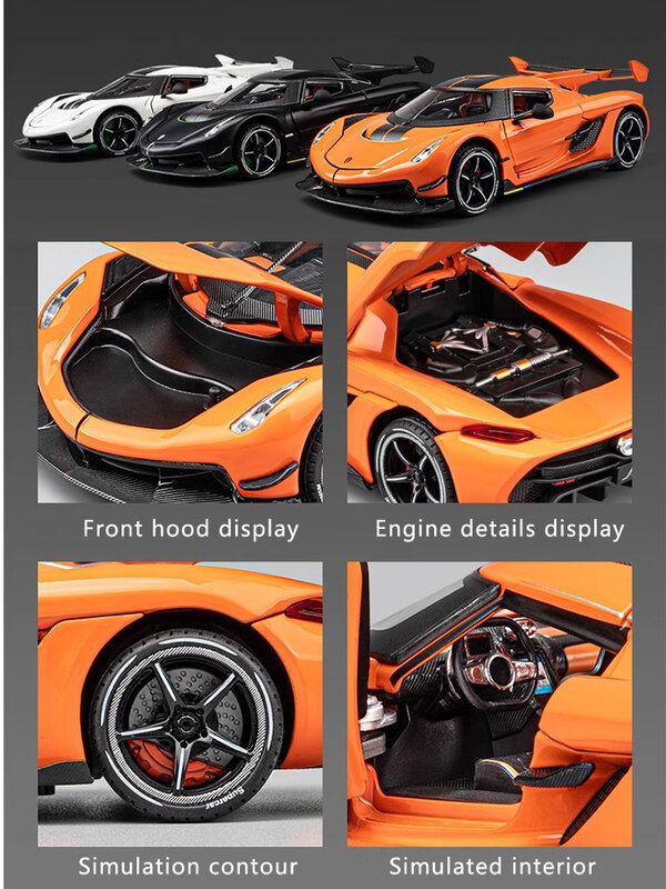 Koenigsegg Modelo de carro de liga, Simulação, Luz e Som, Brinquedo de puxar, Carro fundido, Carro esportivo, enfeite de coleção, presente para meninos, 1:24