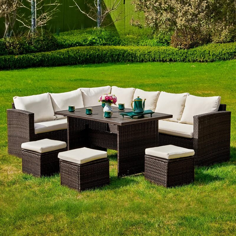 7 Pieces Outdoor Patio Furniture with Dining Table&Chair, All Weather Wicker Conversation Set with Ottoman