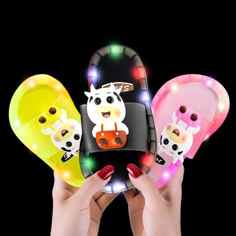 Chinelos luminosos do diodo emissor de luz das crianças animais do bebê imprime sapatos para casa bonito dos desenhos animados confortável macio pvc antiderrapante chinelos casuais