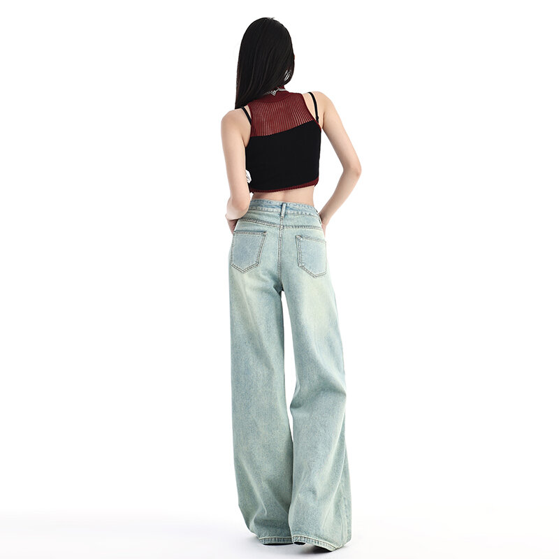 Amerykański styl Casual z wysokim stanem dżinsy z szeroką nogawką kobiet moda Streetwear Vintage workowate spodnie Y2K proste spodnie dżinsowe