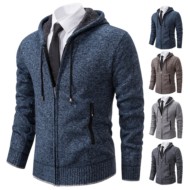 Jaket rajut bulu domba Pria, mantel Sweater dingin musim gugur dengan kerudung warna biru mewah kualitas Korea