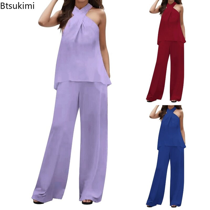 2024 Women's Spring Summer Casual 2PCS Pants Sets Solid Sexy Short Top and Casual Pants Sets Two Pieces Women's Clothing Outfits