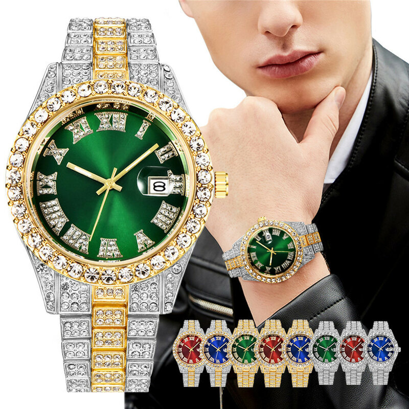 Luxe Mens Quartz Horloge Goud Rvs Diamant Riem Kalender Romeinse Digitale Wijzerplaat Mannen Polshorloge Mannen Hip Hop Horloges