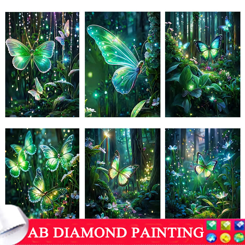 AB 5D Pintura Diamante, Floresta Verde Borboleta, DIY Full Mosaic Art, Bordado de Strass Animais Imagem, Wall Decor, 9, Nova Chegada