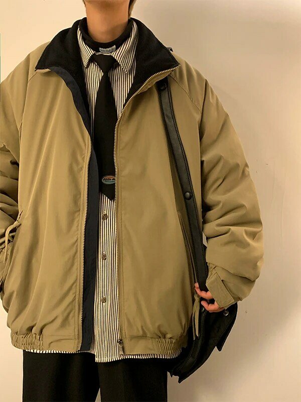 Japanese Cotton Coat Men Harajuku Solid Color Stand-up Collar Parka Street Winter Loose Cotton Jacket Casual for Male L15