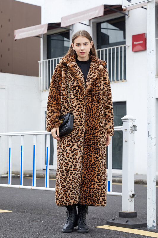 Mantel bulu imitasi untuk wanita, mantel rambut kelinci pola macan tutul, setelan panjang kerah pius ukuran 5XL