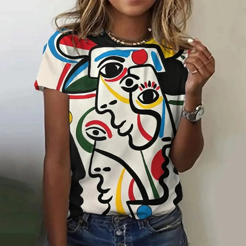 Picasso Abstract 3D Painting Vintage Elegant t-shirt da donna manica corta Fashion Trend Tees abbigliamento da donna stile Casual