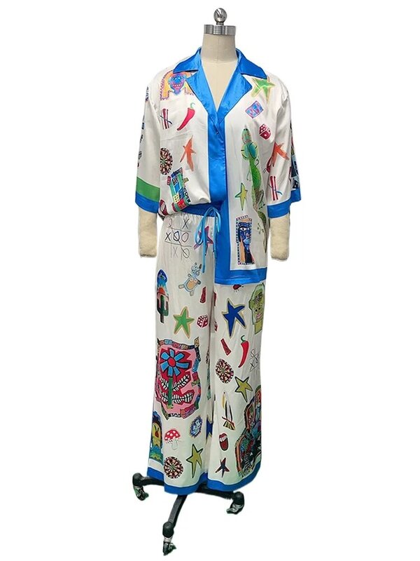 Camisa feminina com estampa graffiti cetim manga curta entalhado lapela, conjunto casual de calças soltas, ternos 2 pcs