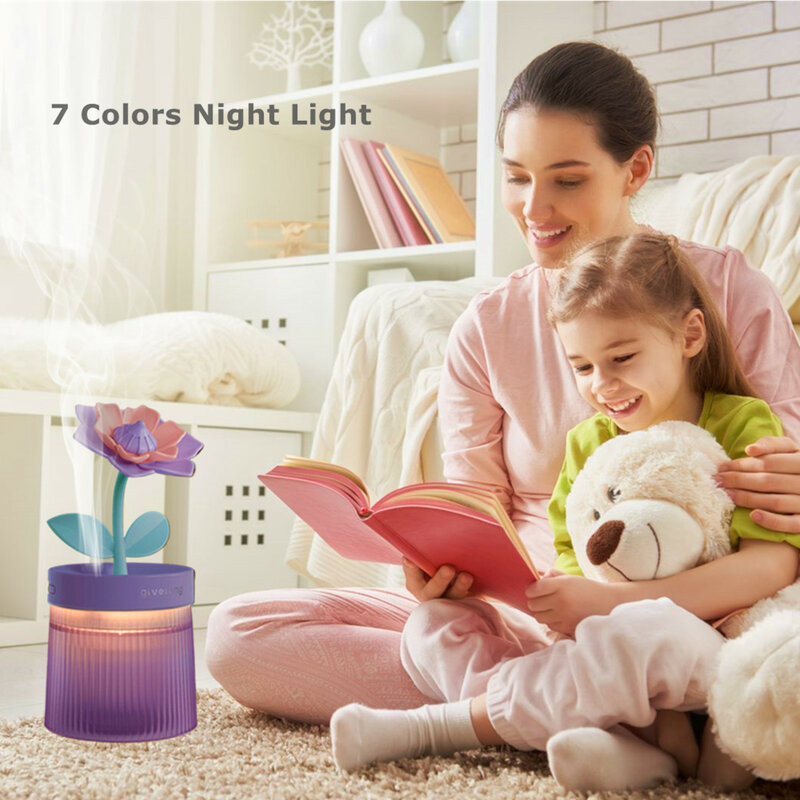 Bonito Silicone Flores Ultrasonic Air Umidificadores, 7 Colorido LED Night Light, Difusores USB, interior, casa, escritório, namorada, 260ml