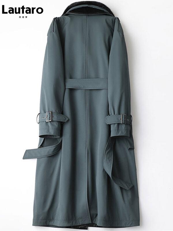 Lautaro-gabardina forrada de piel sintética para mujer, abrigo largo y cálido con bolsillos interiores, cinturón de doble botonadura, Invierno