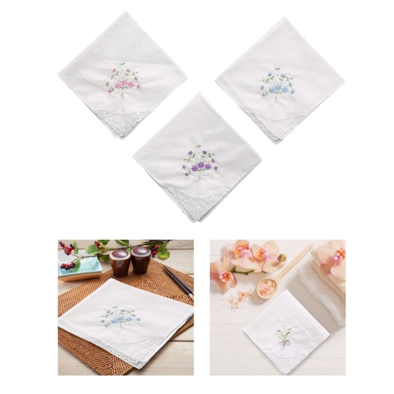 28 cm weiches besticktes quadratisches Handtuch aus Baumwolle im Vintage-Blumenstil mit Spitzenkante, Taschentuch, für Frauen