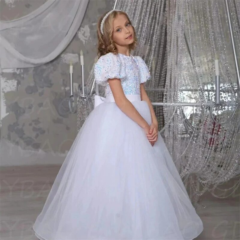 Sparkle paillettes Flower Girl Dress For Wedding Tulle bianco/blu Puffy con fiocco i primi abiti da festa di compleanno eucaristici per bambini