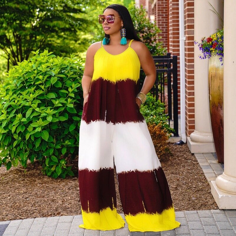 Plus Size Women Jumpsuit Sleeveless Tie Dye One Piece Outfits 2022 Summer Casual Lady Luxury Cloth Fashion Club Wide Leg Pants