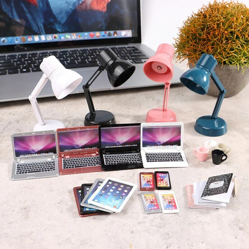 1:12 миниатюрный кукольный домик, ноутбук, телефон, планшет, настольная лампа, карандаш, чашка для книги, настольная модель, аксессуары для кукольного домика